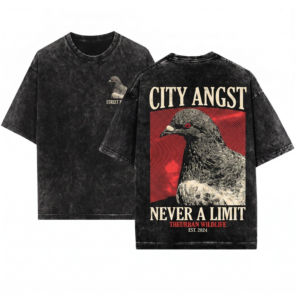 Vintage Oversized Graphic T-Shirt - Acid Wash Pigeon Graphic Heavyweight Cotton Tee Streetwear