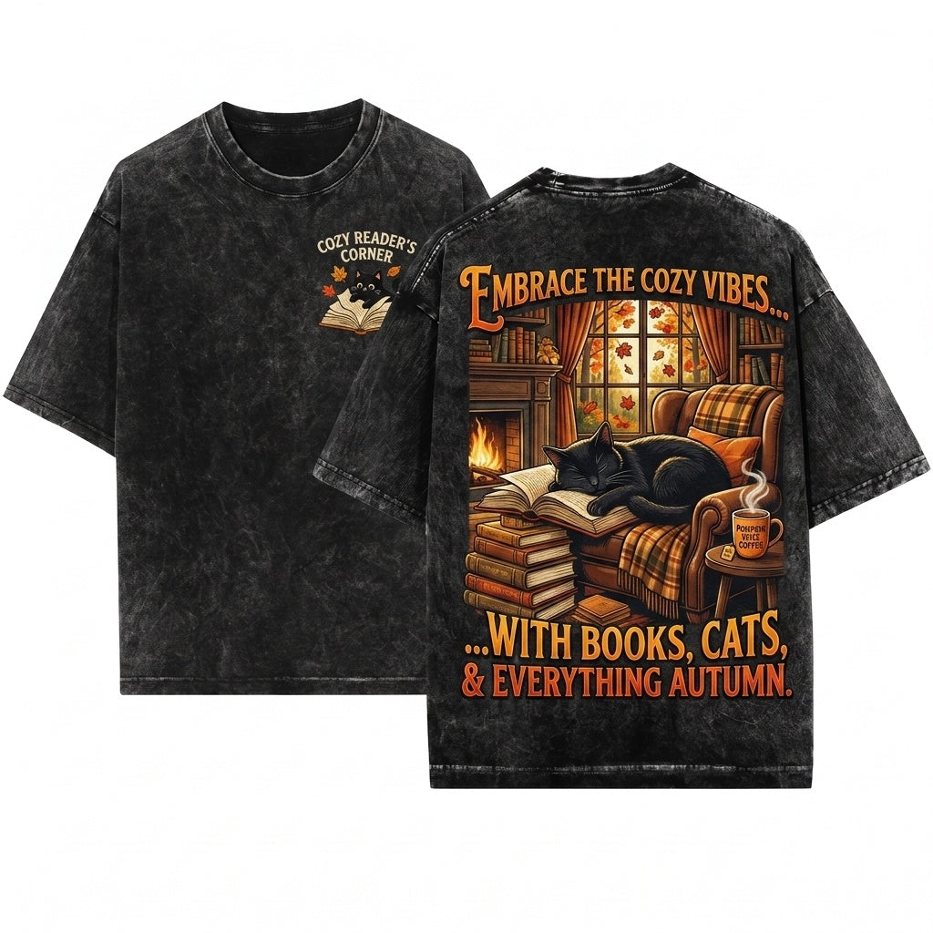 Embroidered Black Cat Napping on Book Cozy Autumn Leaves Literature Enthusiast Gift Unisex Wash T-Shirt