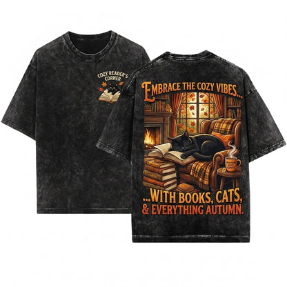 Embroidered Black Cat Napping on Book Cozy Autumn Leaves Literature Enthusiast Gift Unisex Wash T-Shirt