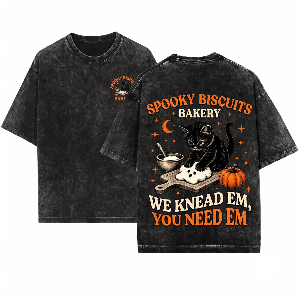 Kitty Biscuits Spooky Season Black Cat Halloween Vintage Baking Pumpkin Lover Fall Unisex Wash T-Shirt