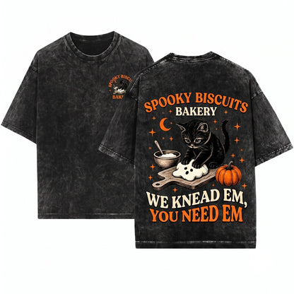 Kitty Biscuits Spooky Season Black Cat Halloween Vintage Baking Pumpkin Lover Fall Unisex Wash T-Shirt