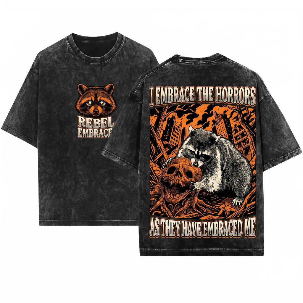 Funny Vintage Japanese Tanuki Graphic I Embrace The Horrors Retro Cute Animal Tee Meme Gift Unisex Wash T-Shirt