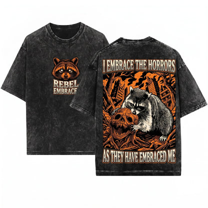 Funny Vintage Japanese Tanuki Graphic I Embrace The Horrors Retro Cute Animal Tee Meme Gift Unisex Wash T-Shirt