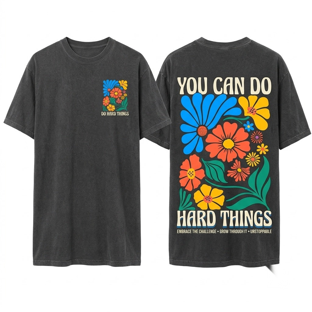 You Can Do Hard Things Retro Boho Floral Positive Affirmation Teacher Mental Health Unisex Wash T-Shirt