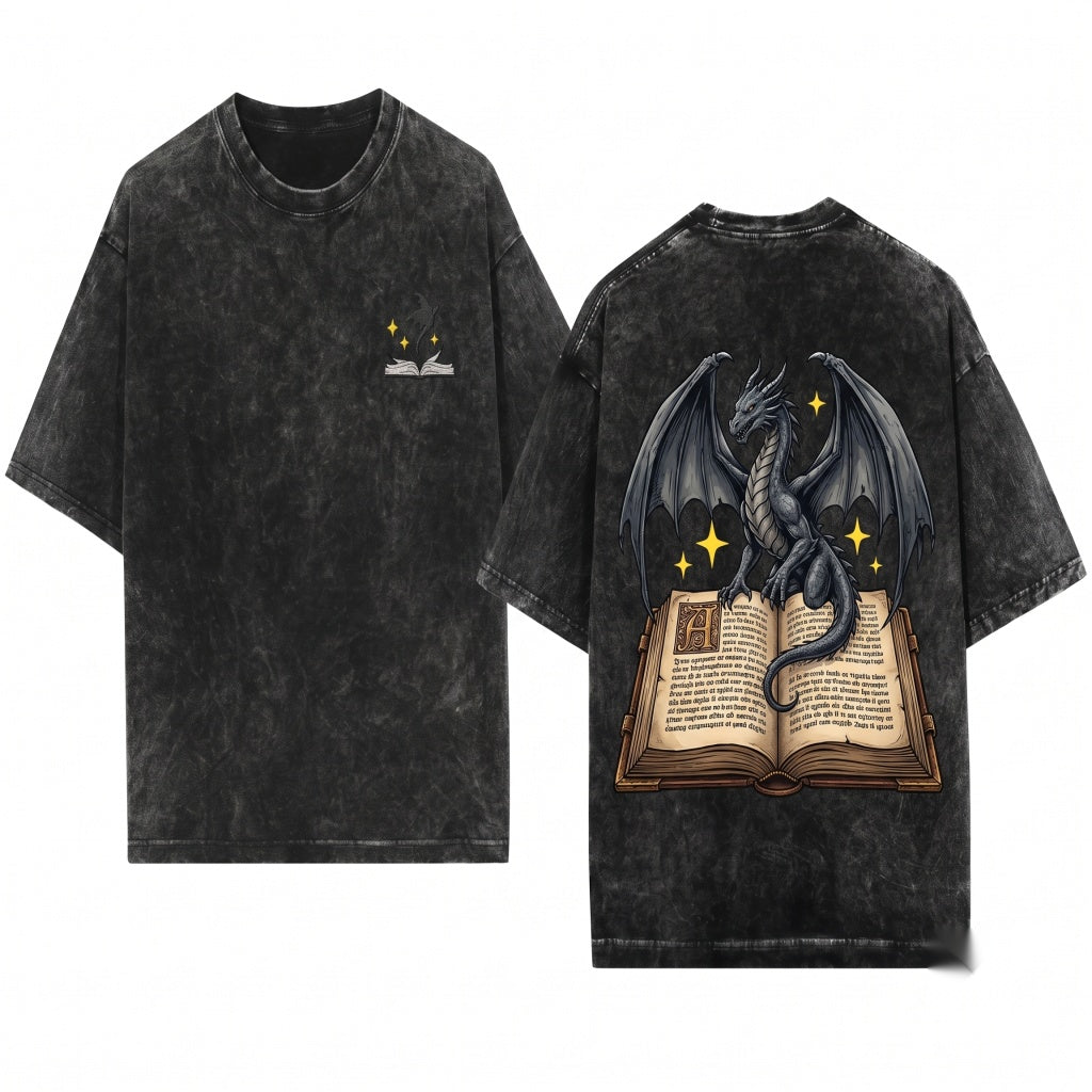 Embroidered Dragon Fantasy Bookworm Reading Graphic Apparel Unisex Wash T-Shirt