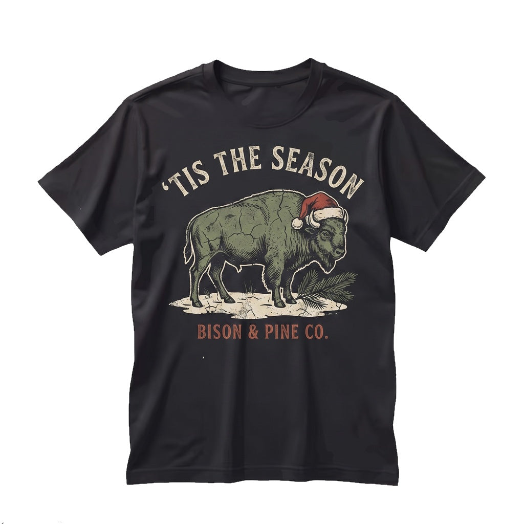 Cozy Christmas Bison Holiday Wildlife Western Winter Hats Animal Crewneck Graphic Unisex TShirt