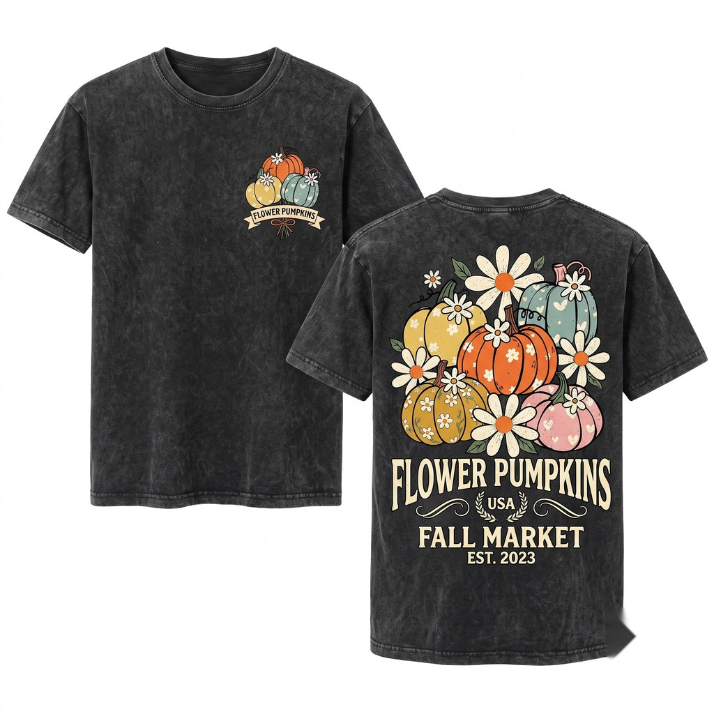 Kids Youth Girls Retro Cute Floral Pumpkin Halloween Fall Graphic Unisex Wash T-Shirt