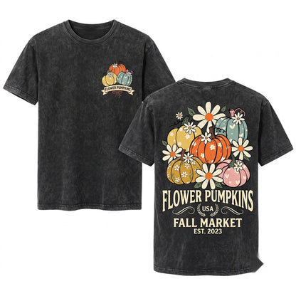 Kids Youth Girls Retro Cute Floral Pumpkin Halloween Fall Graphic Unisex Wash T-Shirt