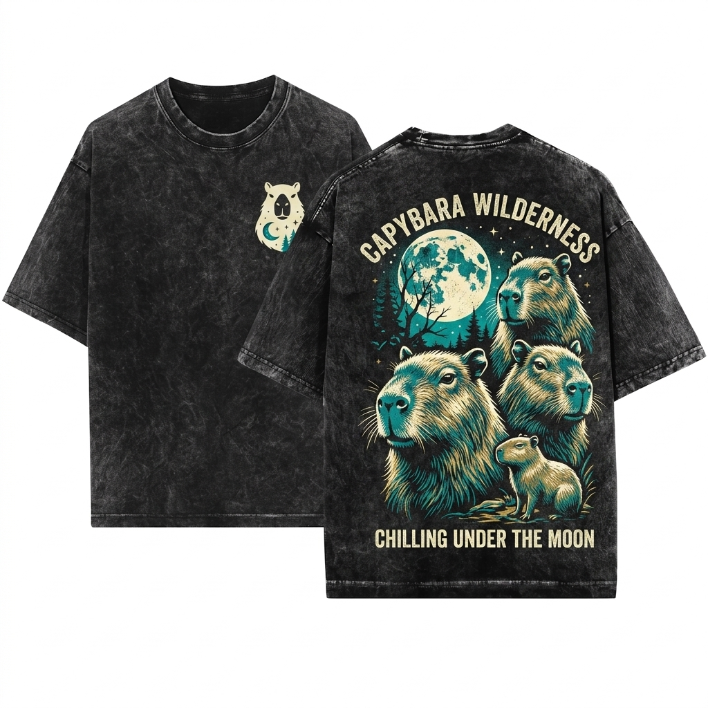 Vintage Full Moon Capybara Graphic Three Animal Lover Wildlife Aesthetic 90s Gift Unisex Wash T-Shirt