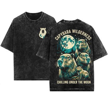 Vintage Full Moon Capybara Graphic Three Animal Lover Wildlife Aesthetic 90s Gift Unisex Wash T-Shirt