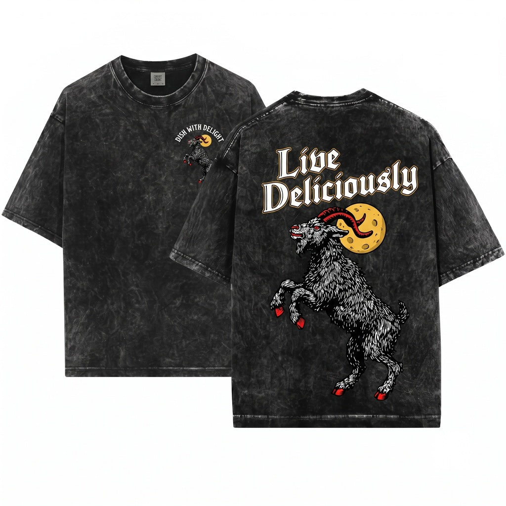 Black Philip Live Deliciously Goat Folk Horror Movie Graphic Spooky Gothic Witch Vintage Unisex Wash T-Shirt