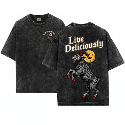 Black Philip Live Deliciously Goat Folk Horror Movie Graphic Spooky Gothic Witch Vintage Unisex Wash T-Shirt
