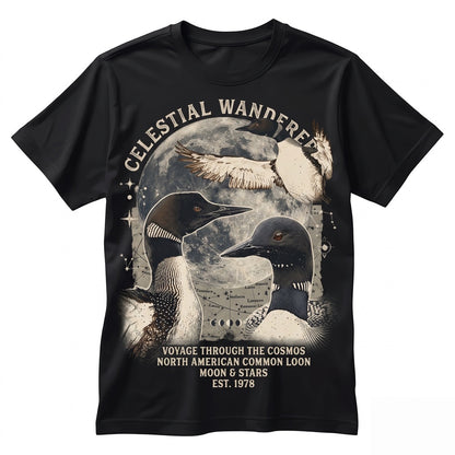 Vintage Three Common Loon Moon Retro Cosmic Water Bird Galaxy Graphic Birder Gift Space Animal Streetwear Apparel Unisex TShirt