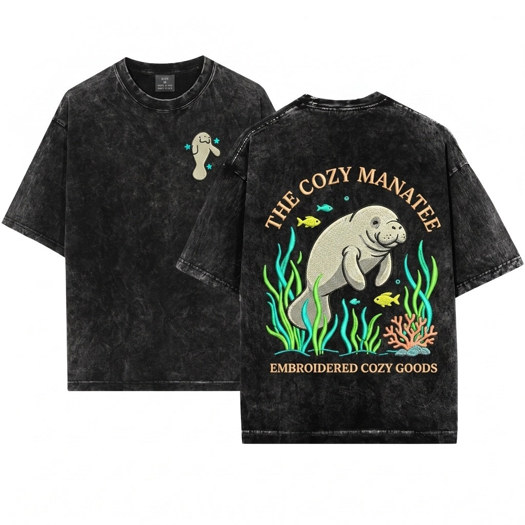 Manatee Embroidered Cute Summer Ocean Graphic Unisex Wash T-Shirt