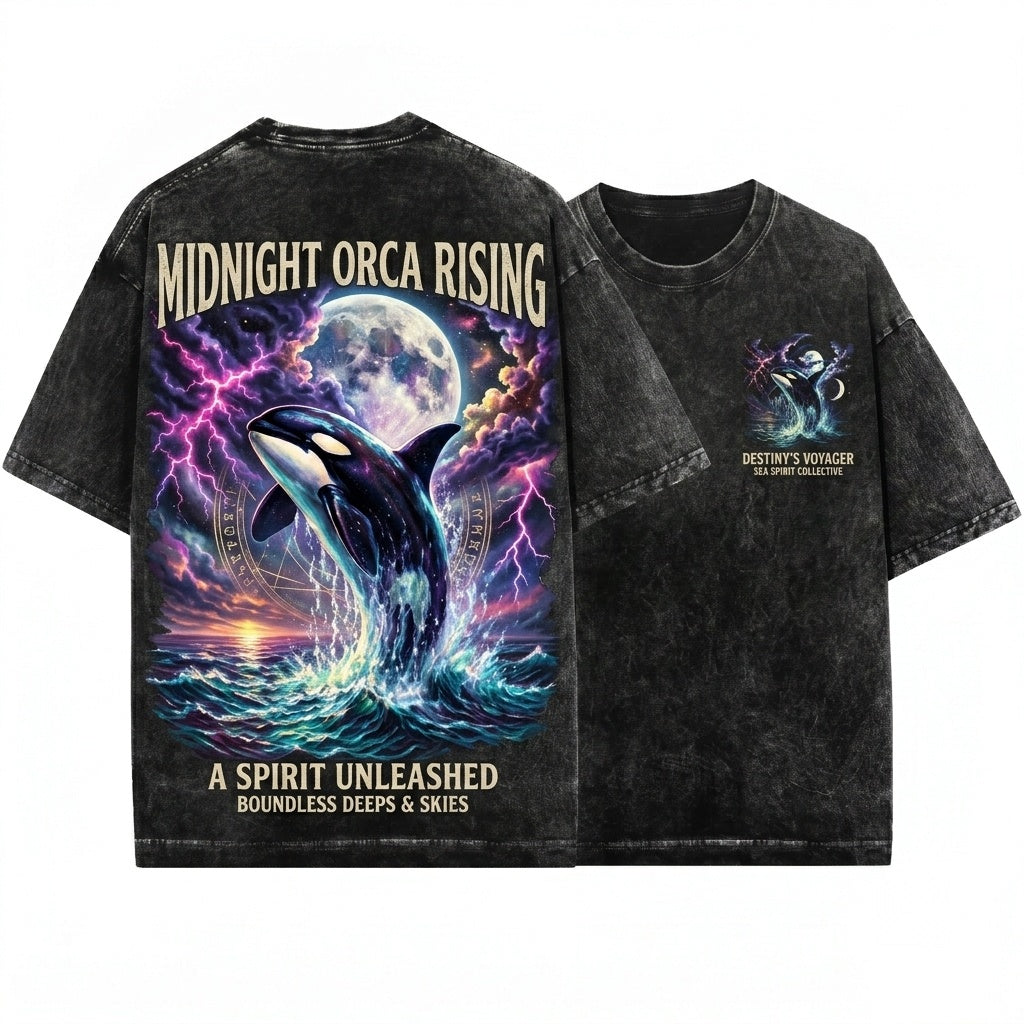 Vintage 90s Orca Midnight Lightning Ocean Wildlife Graphic Unisex Wash T-Shirt