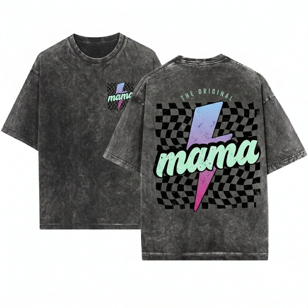 Retro Checkered Mama Lightning Bolt Neon Mothers Day Gift Mom Graphic Unisex Wash T-Shirt