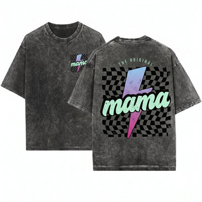 Retro Checkered Mama Lightning Bolt Neon Mothers Day Gift Mom Graphic Unisex Wash T-Shirt
