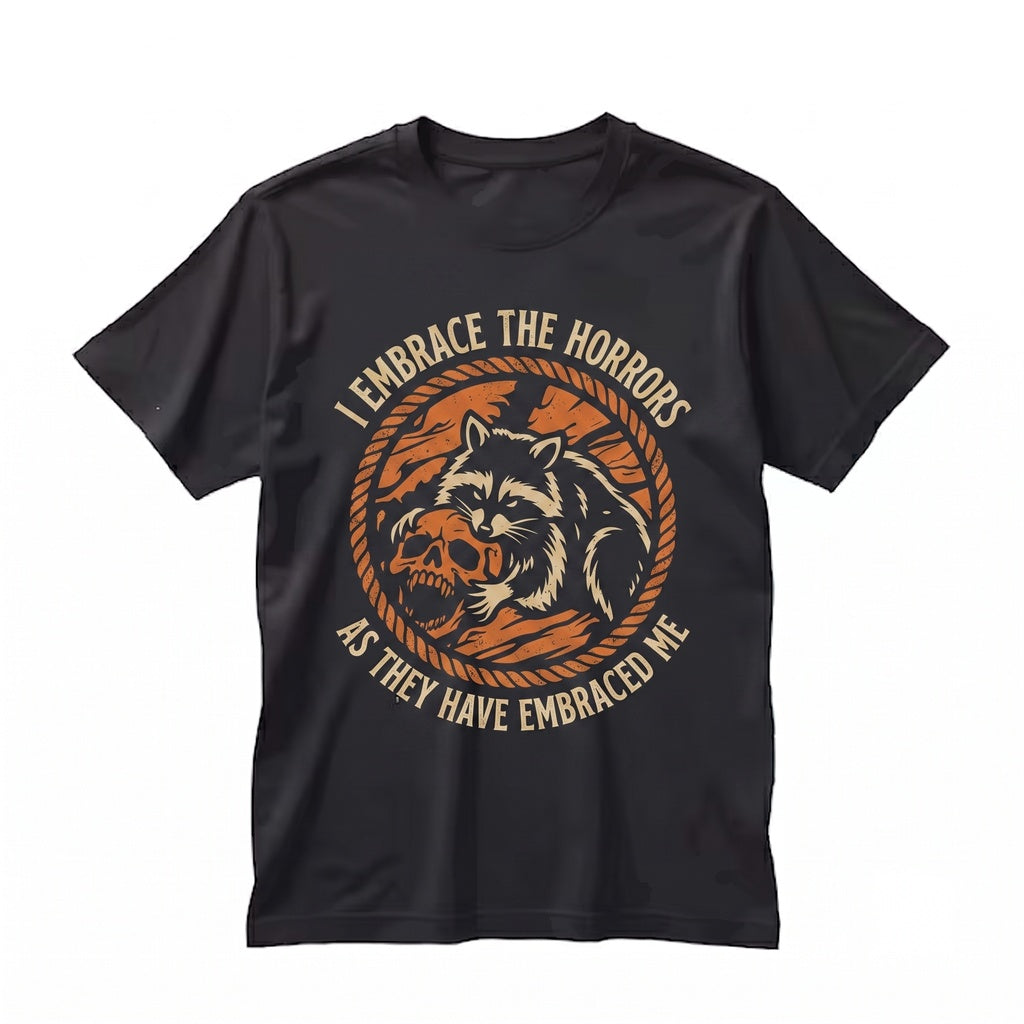 I Embrace The Horrors Vintage Japanese Raccoon Tanuki Sarcastic Meme Graphic Retro Novelty Unisex TShirt
