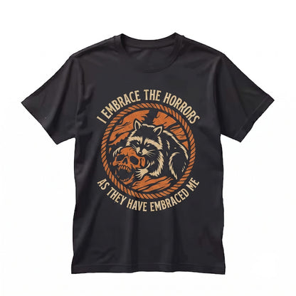 I Embrace The Horrors Vintage Japanese Raccoon Tanuki Sarcastic Meme Graphic Retro Novelty Unisex TShirt