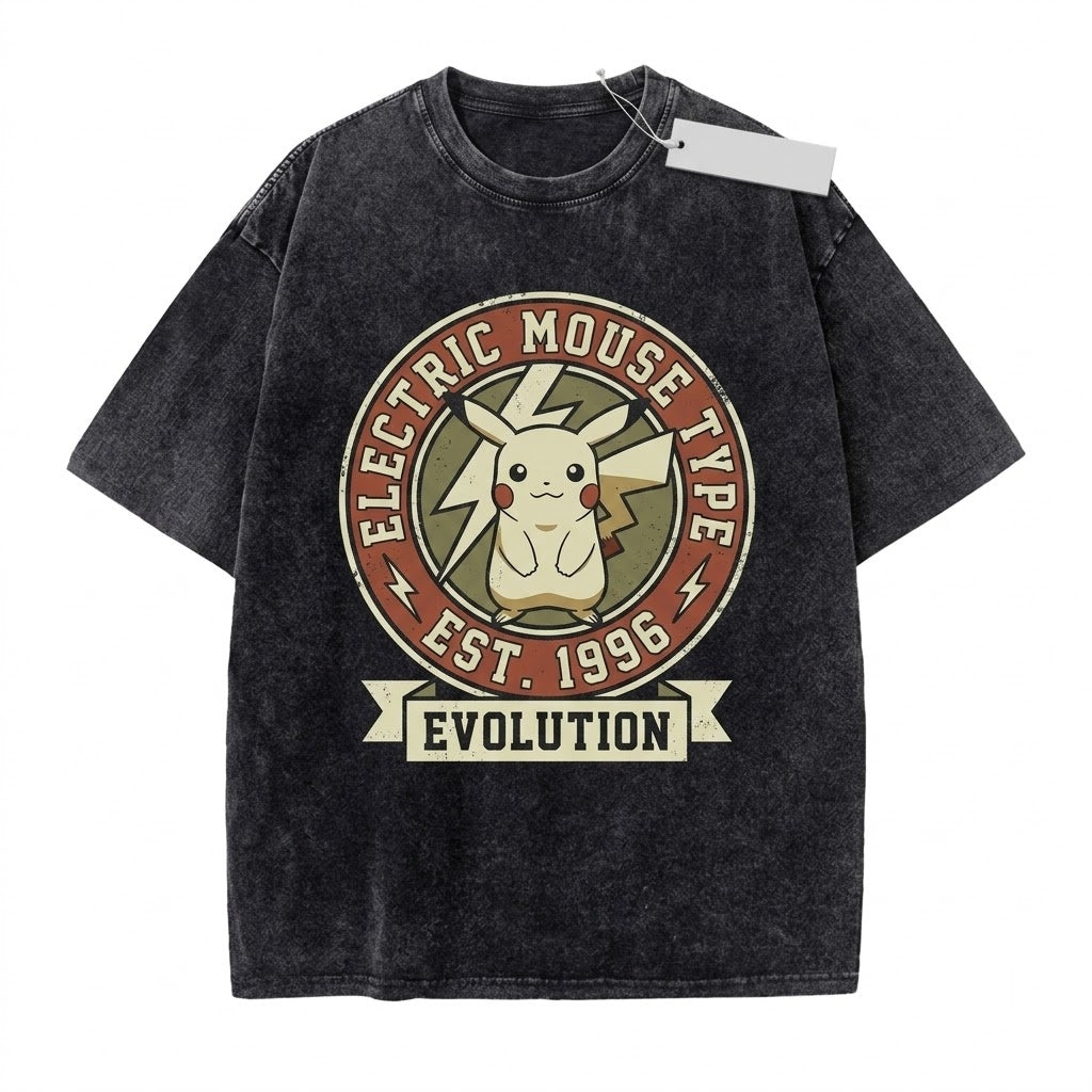 Vintage Wash Electric Rodent Evolution Graphic Anime Double-Sided Retro Oversized Gamer Cotton Apparel Unisex TShirt