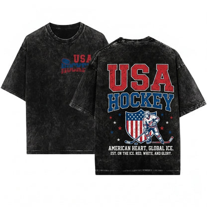 Vintage USA Patriotic America Hockey Sports Unisex Wash T-Shirt