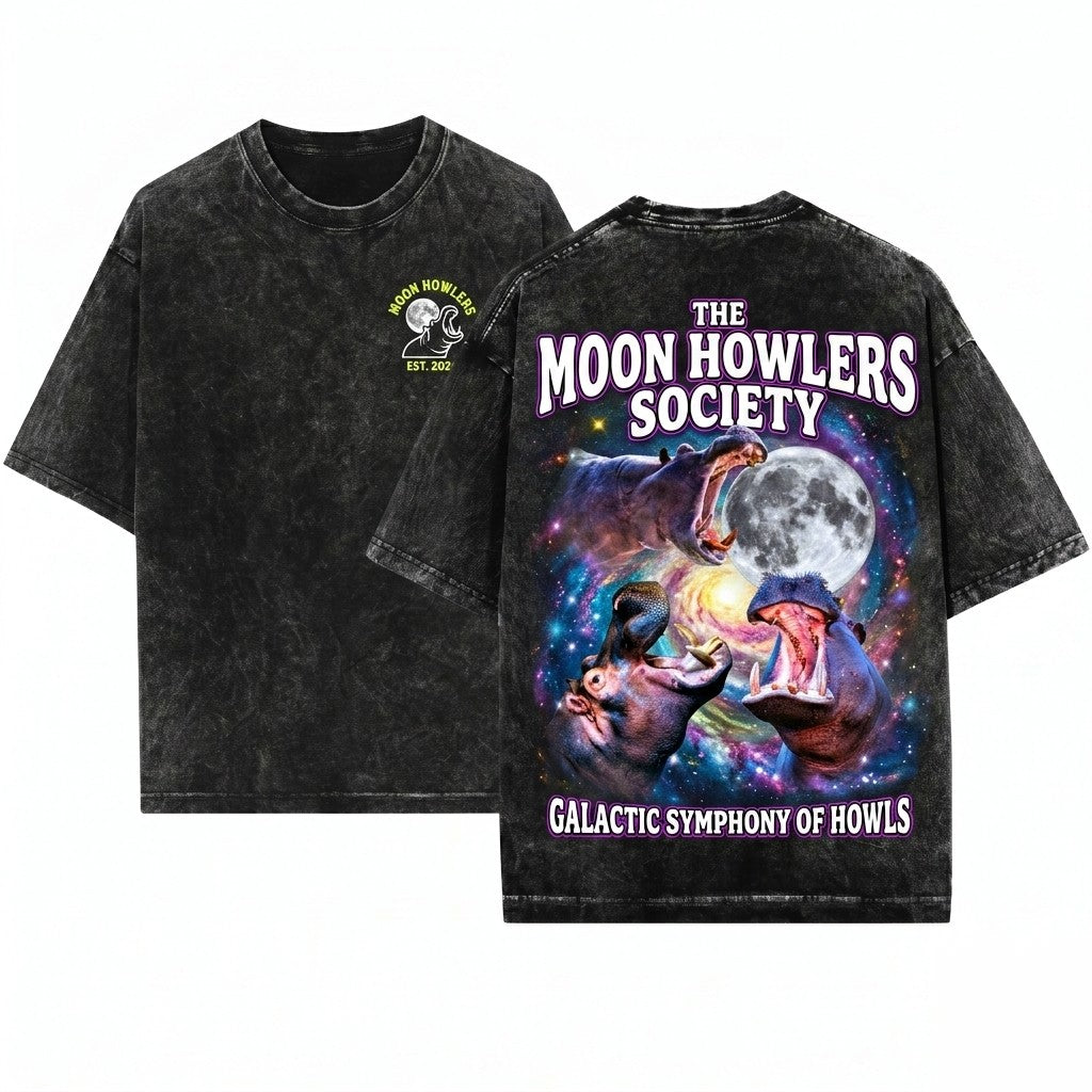 Three Hippo Retro Vintage Moon Funny Oversized Washed Unisex Wash T-Shirt