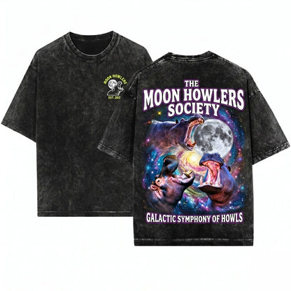Three Hippo Retro Vintage Moon Funny Oversized Washed Unisex Wash T-Shirt