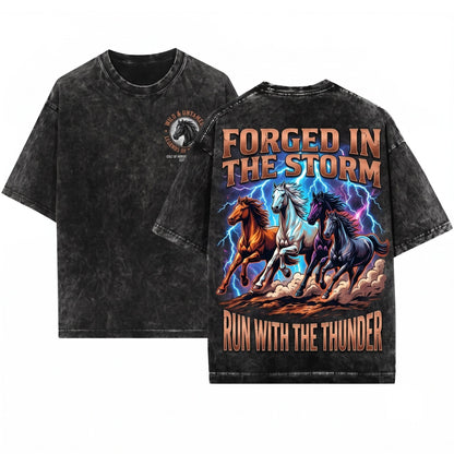 Vintage 90s Running Horses Retro Lightning Storm Western Cowboy Graphic Unisex Wash T-Shirt