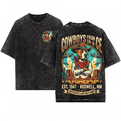 Vintage Retro Western Cowboy Pitbull UFO Alien Dog Owner Gift Unisex Wash T-Shirt