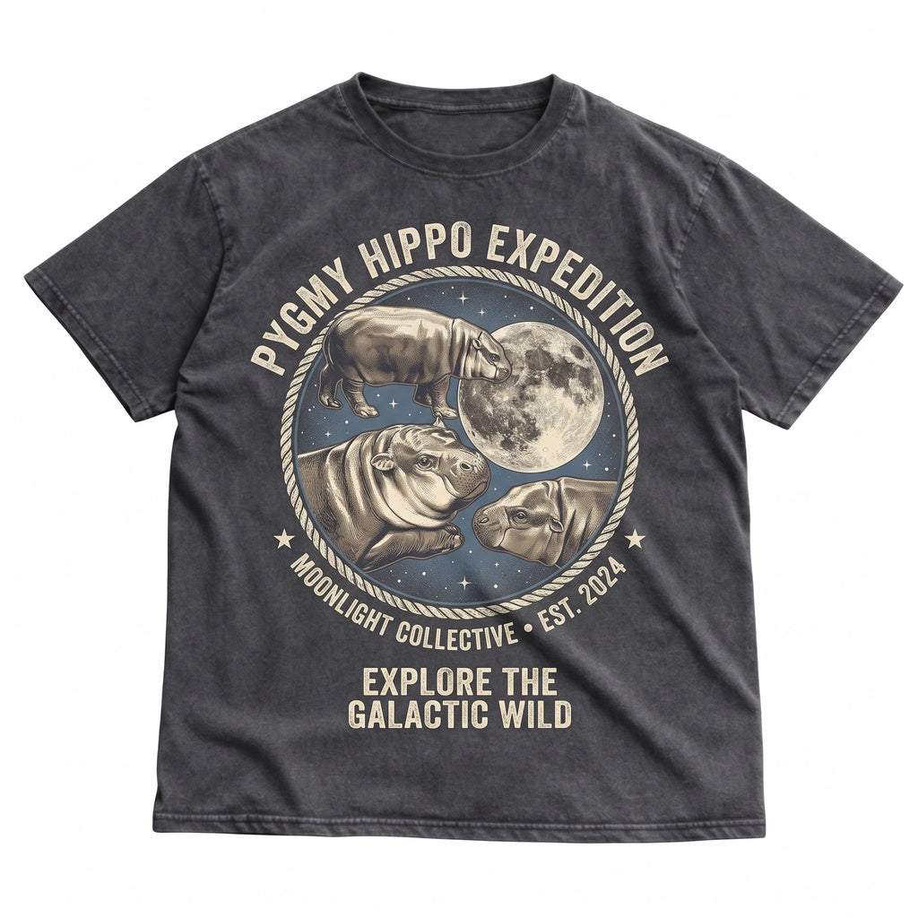 Three Pygmy Hippos Moon Graphic Wildlife Animal Lover Cute Top Unisex TShirt