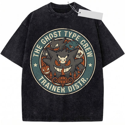 Vintage Wash Halloween Ghost Pocket Monster Anime Graphic Oversized Mineral Garment-Dyed Spooky Apparel Unisex TShirt