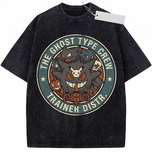 Vintage Wash Halloween Ghost Pocket Monster Anime Graphic Oversized Mineral Garment-Dyed Spooky Apparel Unisex TShirt