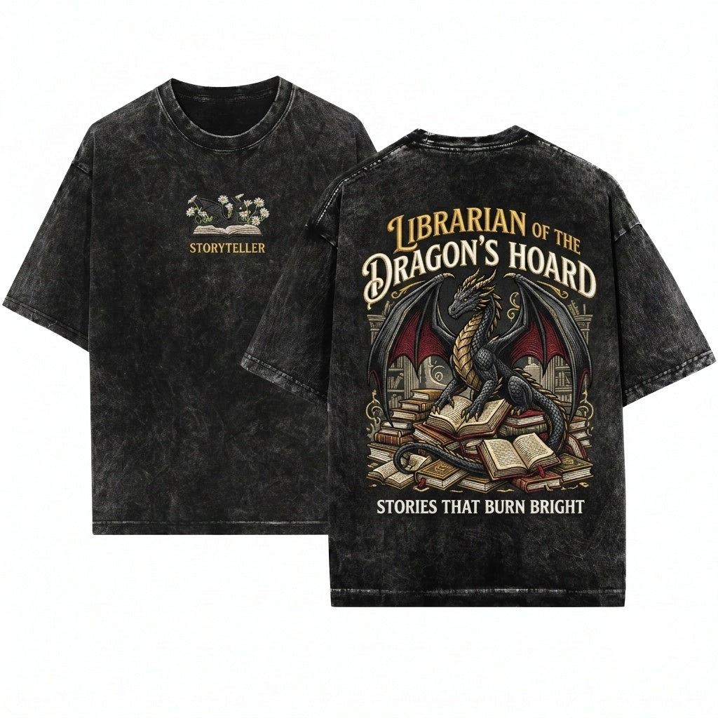 Dragon & Daisies Embroidered Cute Fantasy Reader Unisex Wash T-Shirt