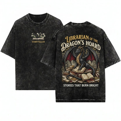 Dragon & Daisies Embroidered Cute Fantasy Reader Unisex Wash T-Shirt