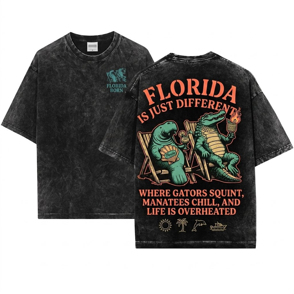 Florida Lifestyle Vintage Living Funny Gift Crocodile Manatee Everglades Retro Unisex Wash T-Shirt