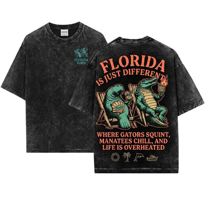 Florida Lifestyle Vintage Living Funny Gift Crocodile Manatee Everglades Retro Unisex Wash T-Shirt