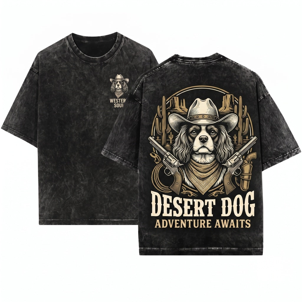 Vintage Western Retro Desert Cavie Cowboy Dog Gift for Cavalier King Charles Pet Lovers Mom Dad Unisex Wash T-Shirt