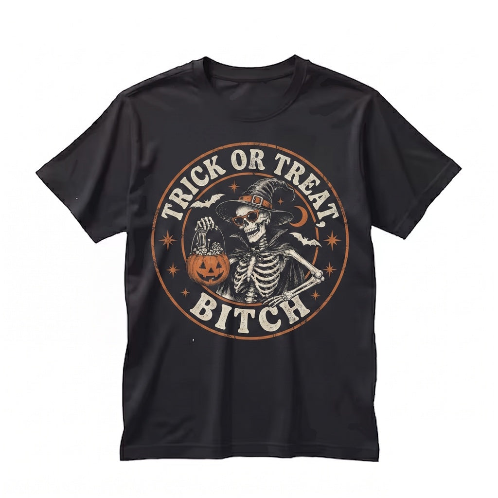Funny Trick Or Treat Halloween Vintage Witch Skeleton Graphic Spooky Season Gift Unisex TShirt