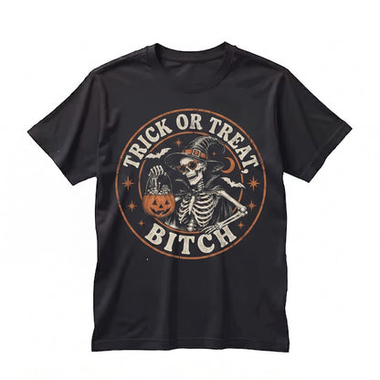 Funny Trick Or Treat Halloween Vintage Witch Skeleton Graphic Spooky Season Gift Unisex TShirt
