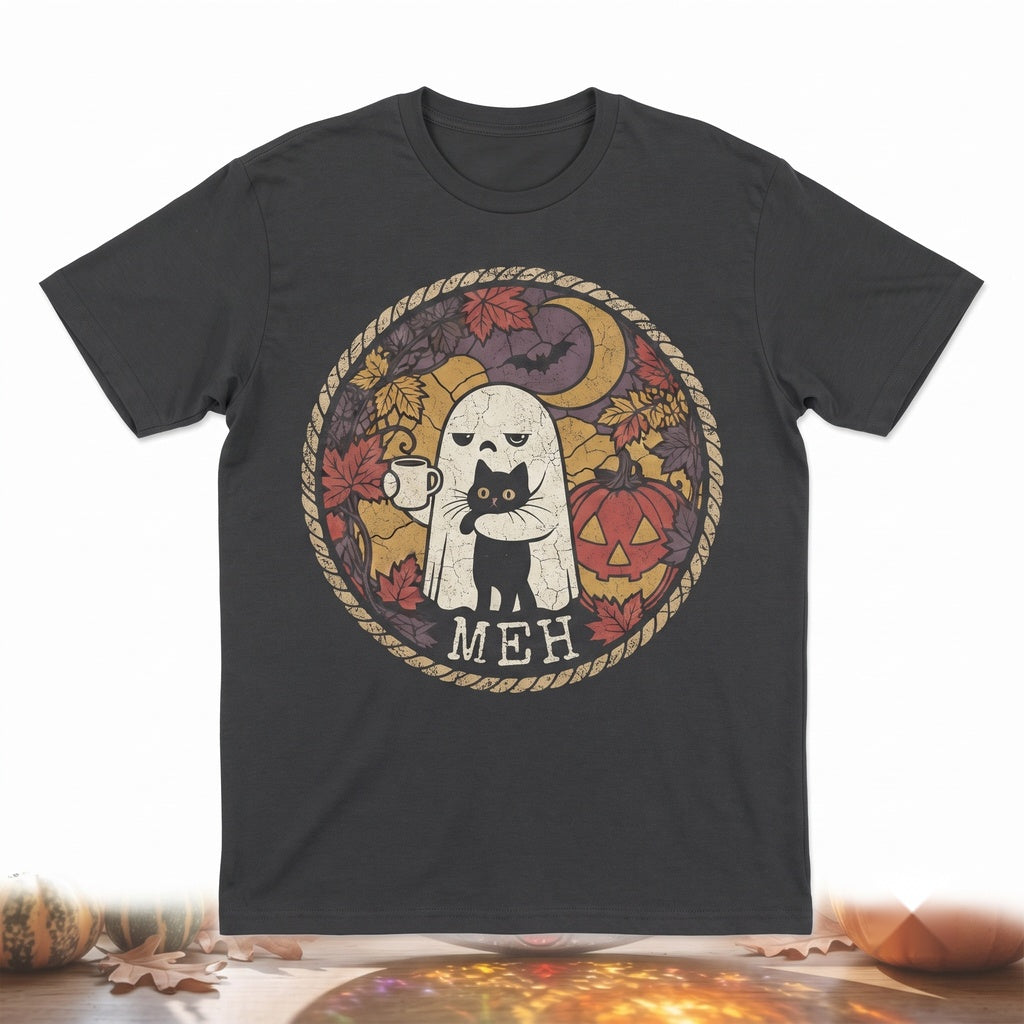 Ghost Black Cat Pumpkin Stained Glass Suncatcher Halloween Window Hanging Spooky Decor Coffee Lover Gift Unisex TShirt