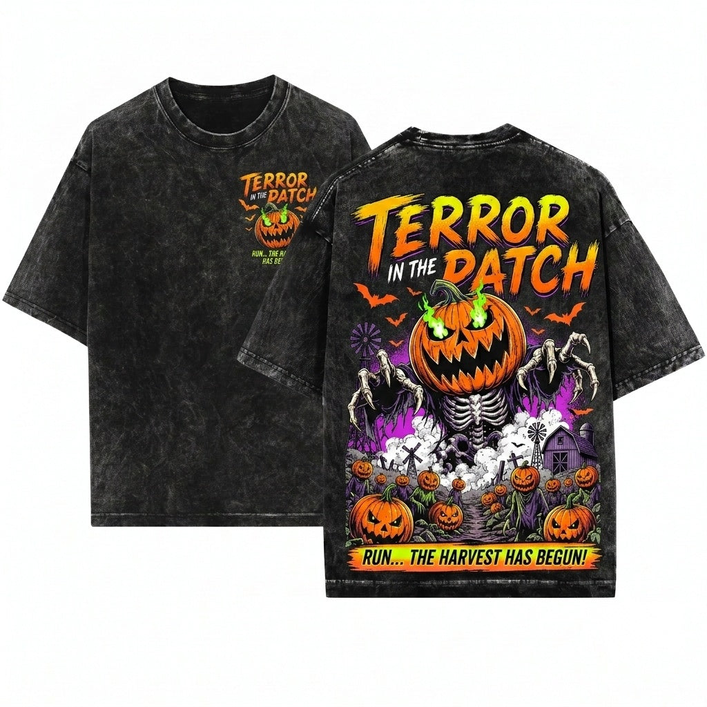 Terror in Patch Retro Halloween Midnight Harvest Pumpkin Monster Vintage Spooky Season Graphic Unisex Wash T-Shirt