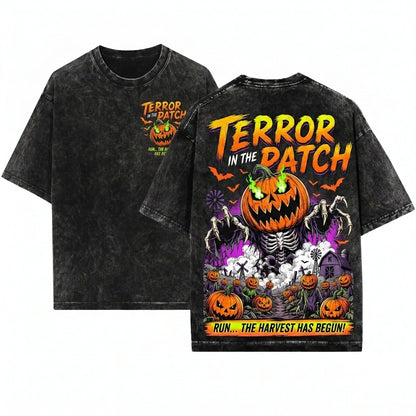 Terror in Patch Retro Halloween Midnight Harvest Pumpkin Monster Vintage Spooky Season Graphic Unisex Wash T-Shirt