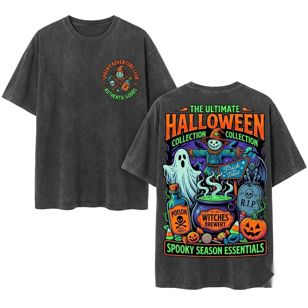 Vintage Halloween Pumpkin Ghost Trick or Treat Doodles Unisex Wash T-Shirt
