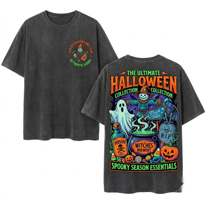 Vintage Halloween Pumpkin Ghost Trick or Treat Doodles Unisex Wash T-Shirt