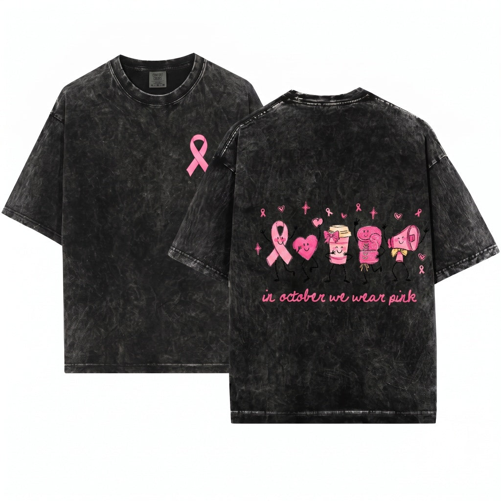 In October We Wear Pink Breast Cancer Awareness Doodles Cute Ribbon Coffee Boxing Gloves Megaphone Unisex Wash T-Shirt
