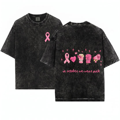 In October We Wear Pink Breast Cancer Awareness Doodles Cute Ribbon Coffee Boxing Gloves Megaphone Unisex Wash T-Shirt