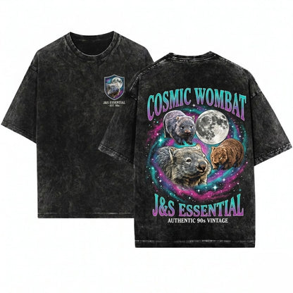 Three Wombats Graphic Galaxy Moon Space Cute Aussie Funny Australian Animal Wildlife Unisex Wash T-Shirt