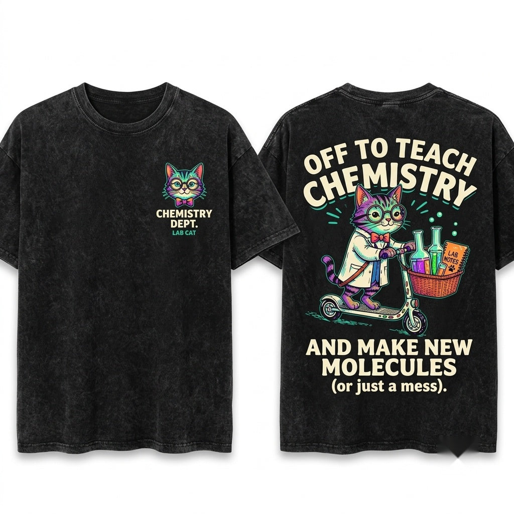 Science Cat Scooter Graphic Chemistry Teacher Lab Humor Nerdy Classroom Experiment Gift Apparel Unisex Wash T-Shirt