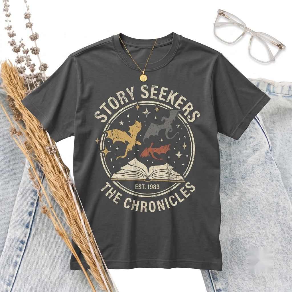 Embroidered Pages and Dragons Bookish Fantasy Cotton Crewneck Unisex TShirt