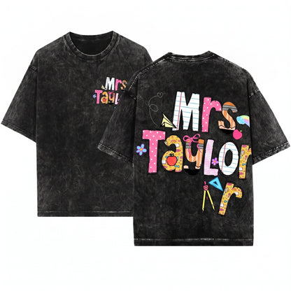Custom Personalized Teacher Name Doodle Cute Back To School Appreciation Gift Mrs Woman Unisex Wash T-Shirt